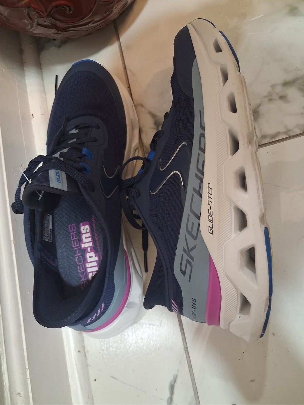 Skechers Women's Navy with Pink and Gray Glide-Step Sneakers
